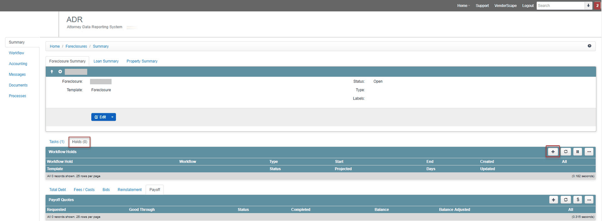 A Foreclosure Summary page with the Holds tab selected and the + button on the Workflow Holds panel highlighted.