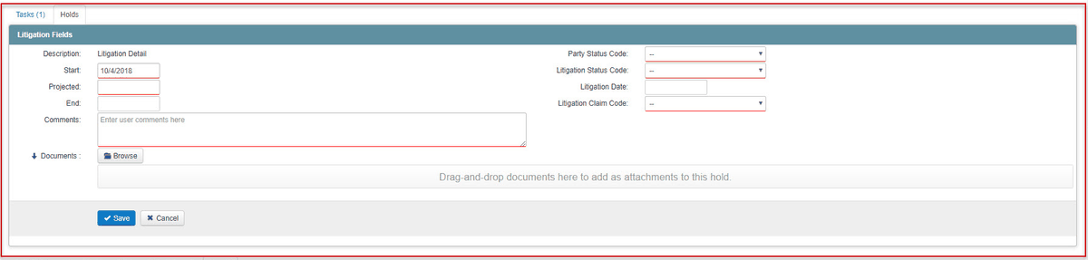 The Litigation Fields form, with Start, Projected, End, and Comments on the left and Party Status Code, Litigation Status Code, Litigation Date, and Litigation Claim Code on the right.