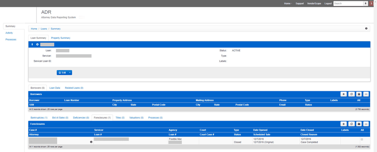 A Loan Summary page with the loan panel at the top, the Borrowers panel, and the Foreclosures tab listing one closed foreclosure.