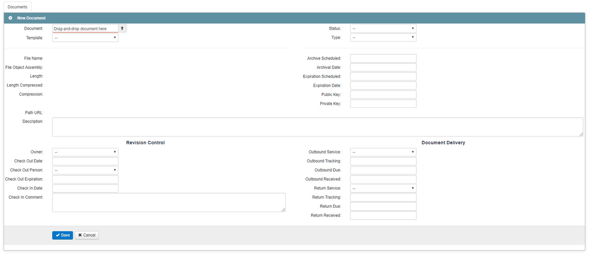 The New Document form, with Document and Template fields at the top and the Description field below.