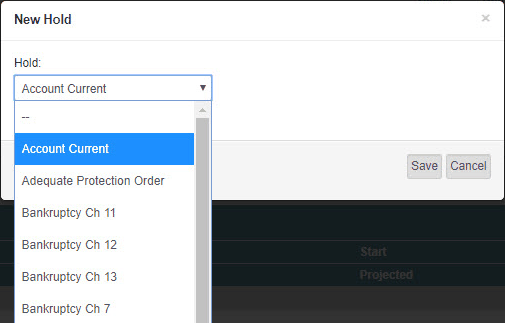The New Hold dialog with the Hold list open, showing Account Current, Adequate Protection Order, and bankruptcy chapter holds.