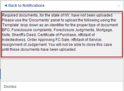 A priority message listing the documents required for a New York foreclosure that haven’t been uploaded yet.