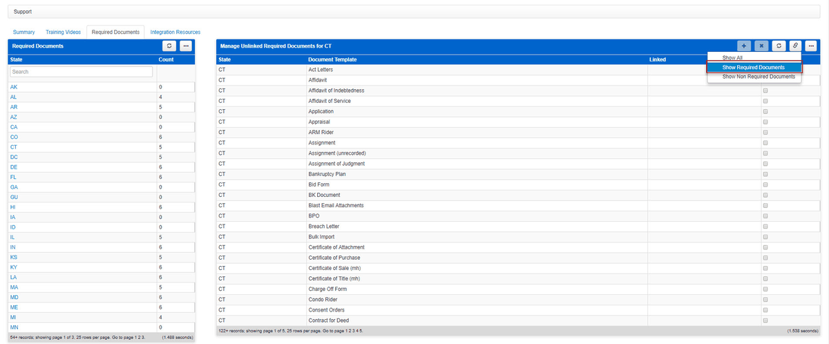 The Support page’s Required Documents tab, listing states with a count of required documents and the document templates for Connecticut.