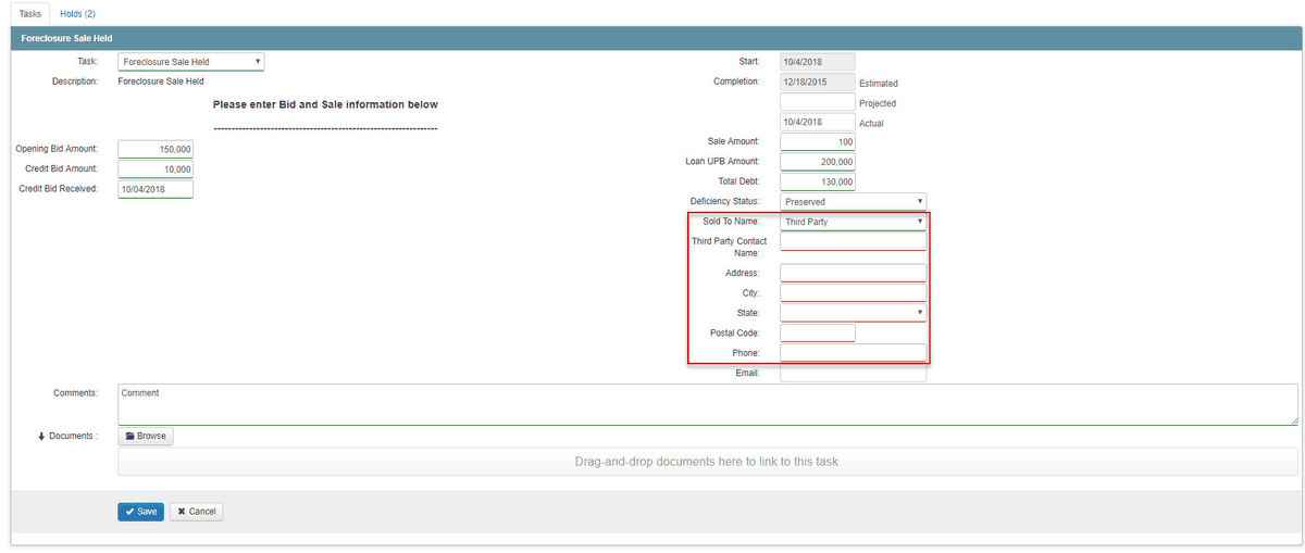The Foreclosure Sale Held task with bid and sale amounts filled in and the Third Party contact fields highlighted.