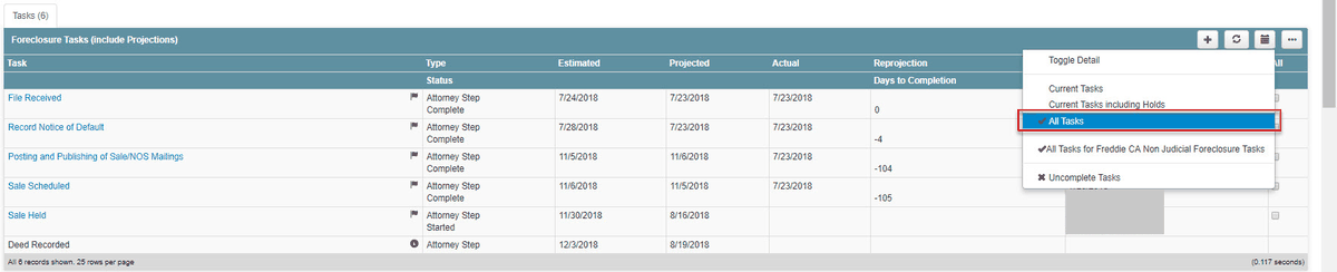 The Foreclosure Tasks panel with the options menu open and All Tasks selected.
