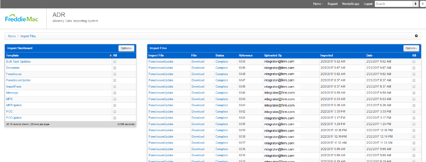 The Import dashboard: import templates on the left, and recent ForeclosureUpdate imports on the right with their status, reference, submitting account and dates.