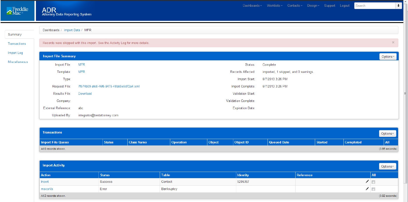 The Import File Summary page, with the summary, an empty Transactions panel, and Import Activity rows showing a successful Contact insert and a failed Bankruptcy record.