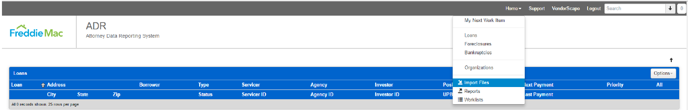 The Import Files menu item in the ADR web interface’s main menu.