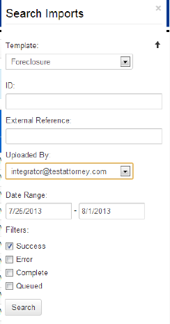 The Search Imports panel: template, ID, external reference, uploaded by, a date range, and status filters.