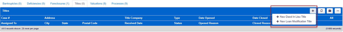 Titles tab on the Loan Summary page, with the add menu open showing New Deed In Lieu Title and New Loan Modification Title