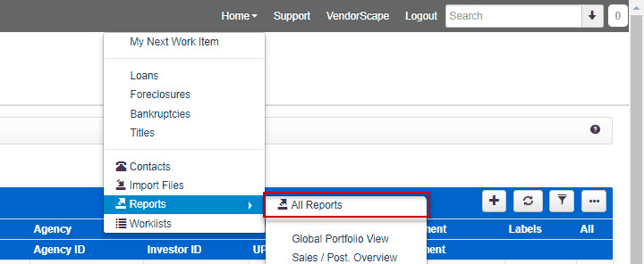 Home menu expanded to Reports, with All Reports highlighted