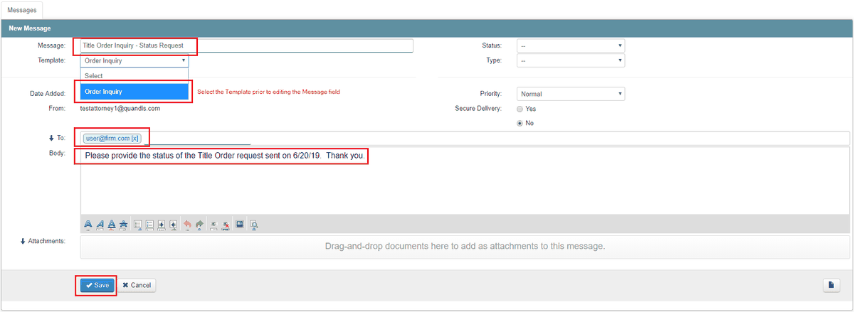 New Message form with the Order Inquiry template selected, a subject, a recipient in the To field, and a message body