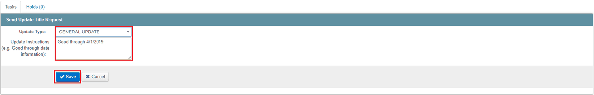 Send Update Title Request task with an Update Type list and an Update Instructions box
