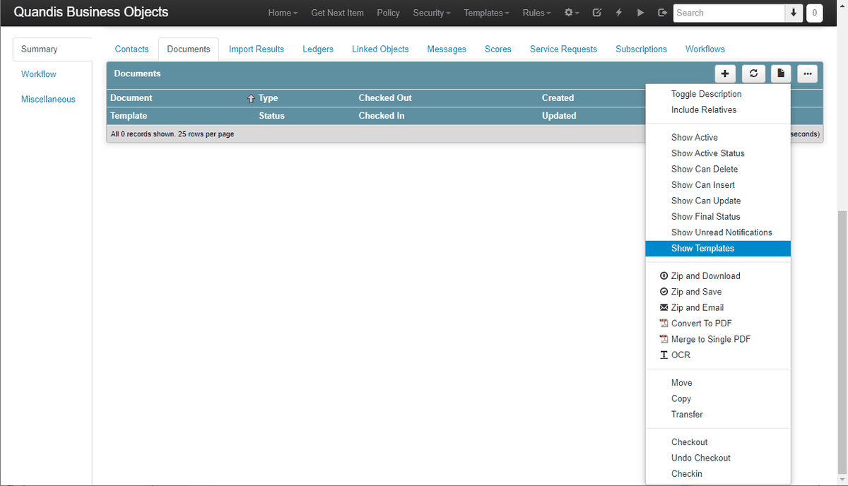 Documents panel menu on a process summary page with Show Templates highlighted