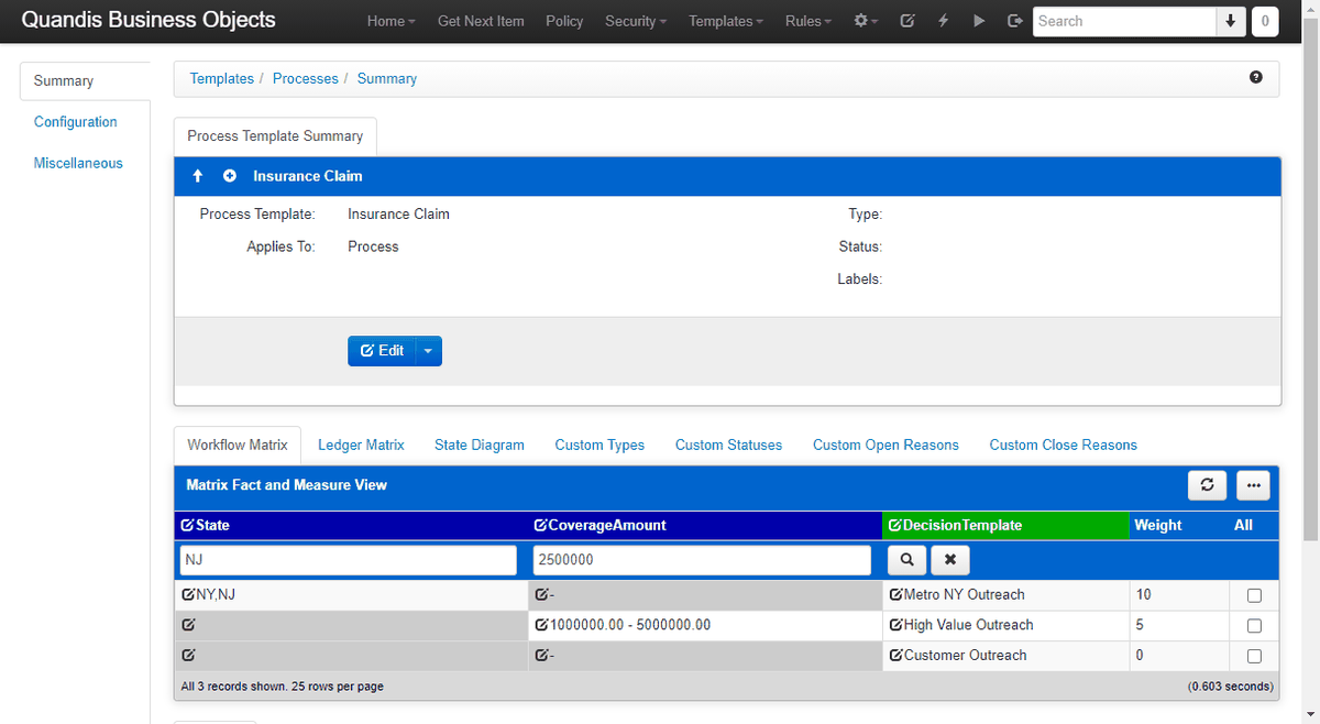 Workflow Matrix tab on the Insurance Claim template with inputs State and CoverageAmount, output DecisionTemplate, and three rows