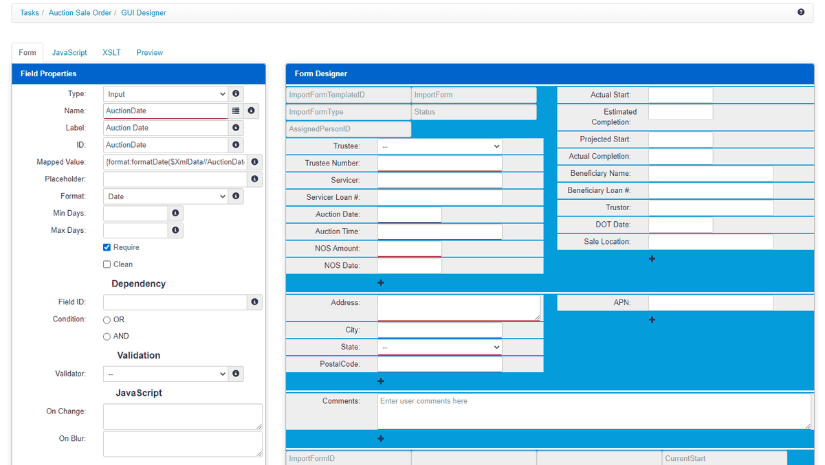 The GUI designer for the Auction Sale Order form, with field properties on the left and the form layout on the right