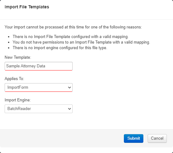 The prompt to create an import file template, with a name, Applies To set to ImportForm, and the BatchReader engine