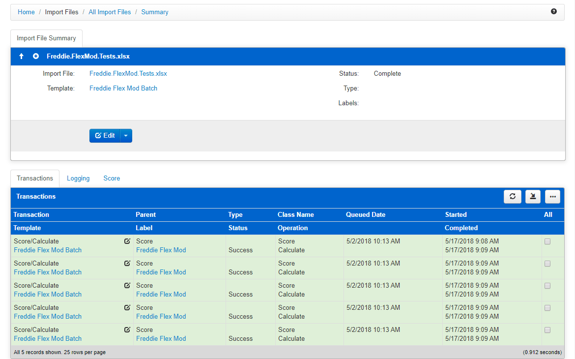 An import file with one successful Score/Calculate transaction per row