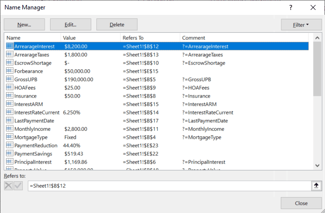 Excel Name Manager listing named input cells with ?= comments, and named output cells