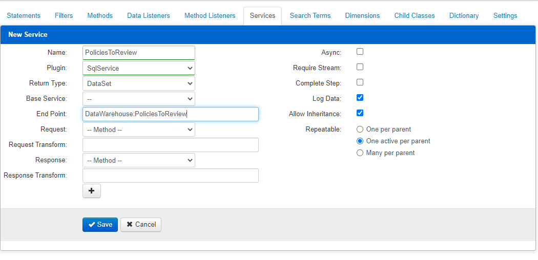 A new service named PoliciesToReview using the SqlService plugin, with the end point DataWarehouse.