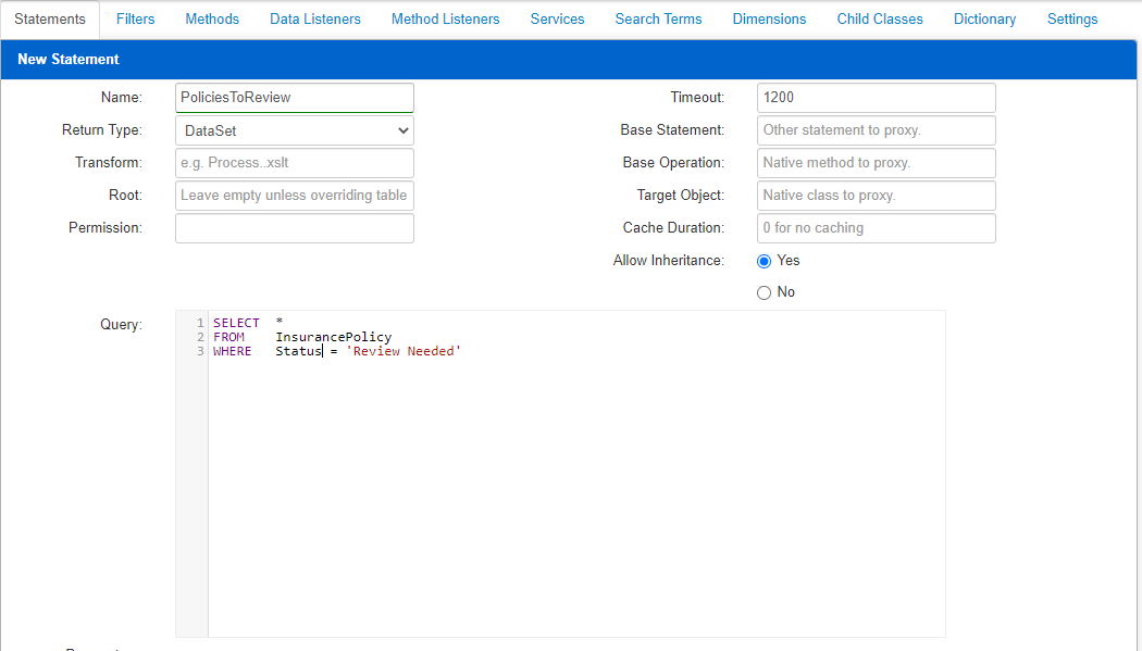 A new statement named PoliciesToReview on the Process module, selecting policies whose status is Review Needed.