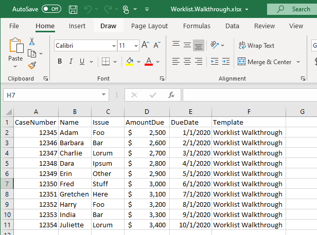 A spreadsheet with CaseNumber, Name, Issue, AmountDue, DueDate, and Template columns; every Template cell reads Worklist Walkthrough.