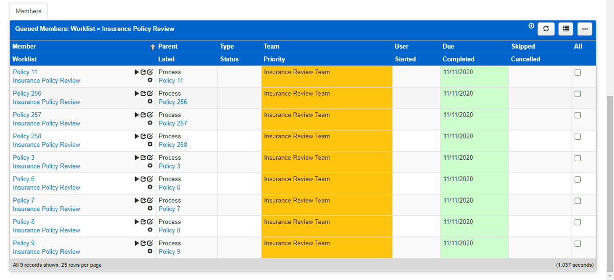 The Insurance Policy Review worklist, with every item assigned to the Insurance Review Team and a play icon beside each item.